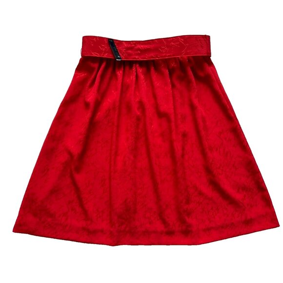 Vintage Red Jacquard Satin Mini Skirt w/Matching Belt 23" Stretch Waist - Picture 2 of 14